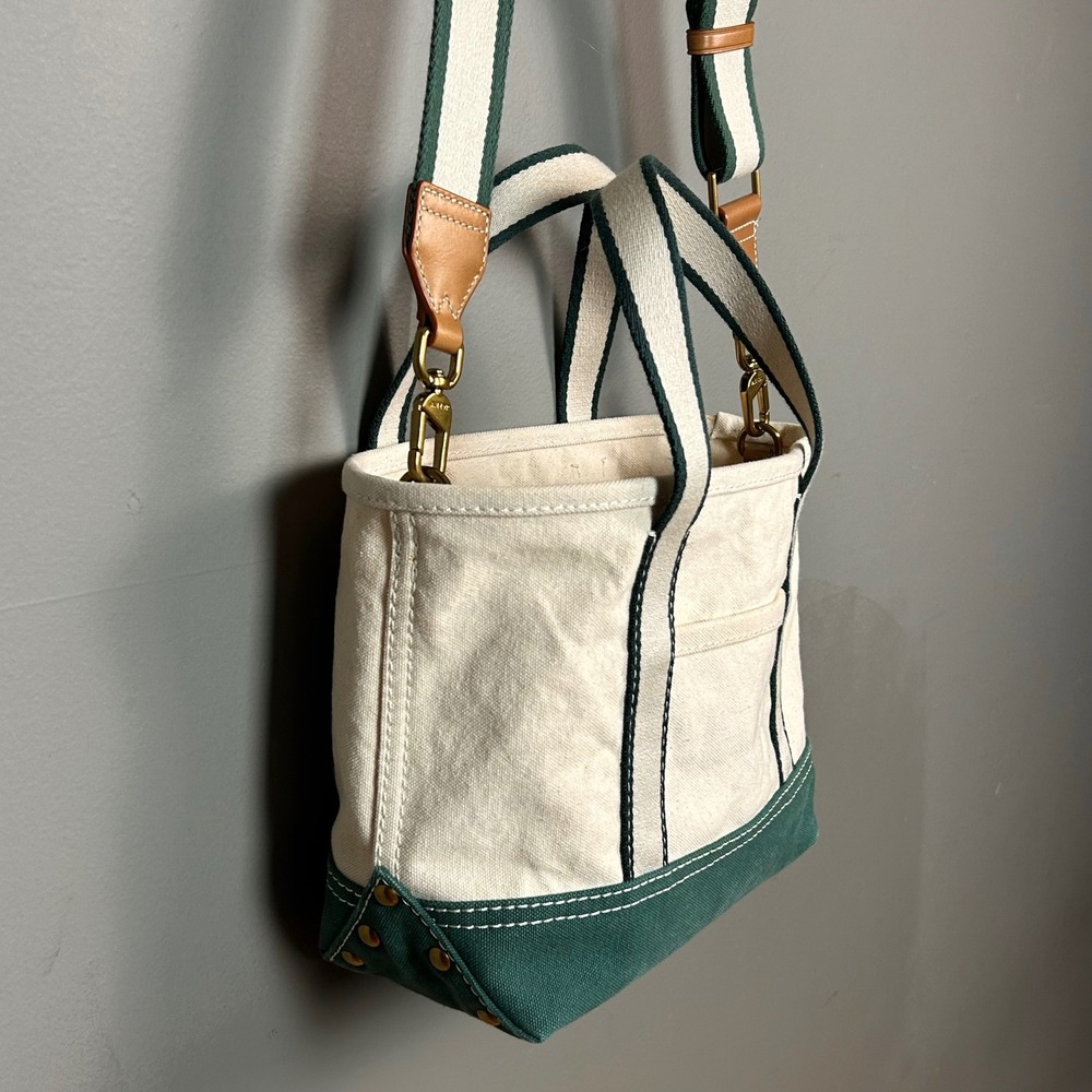 J.Crew Mini Montauk Tote Bag Green Natural Canvas Crossbody Preppy New England - Picture 12 of 14